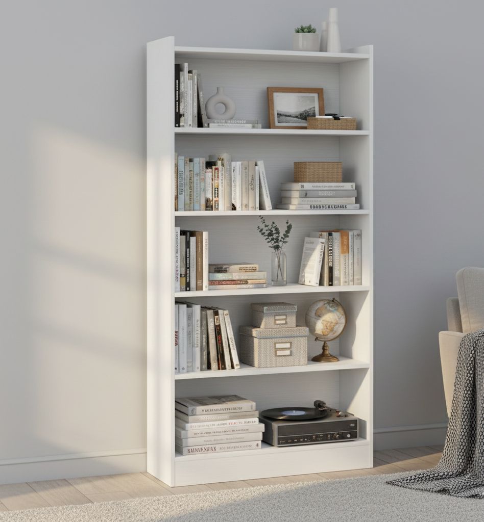 White bookshelf with books and decorative items against a gray wall.