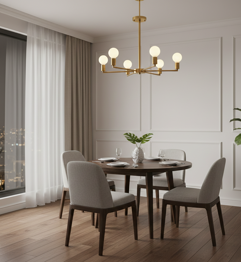 Dining room with a round wooden table and four chairs under a modern chandelier.