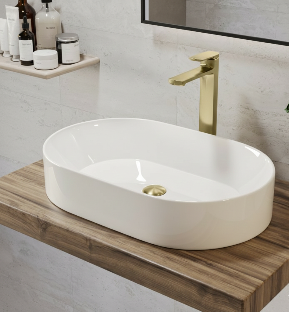  a modern bathroom setting featuring a white, oval-shaped countertop basin, identified as a Tennessee oval countertop basin. 