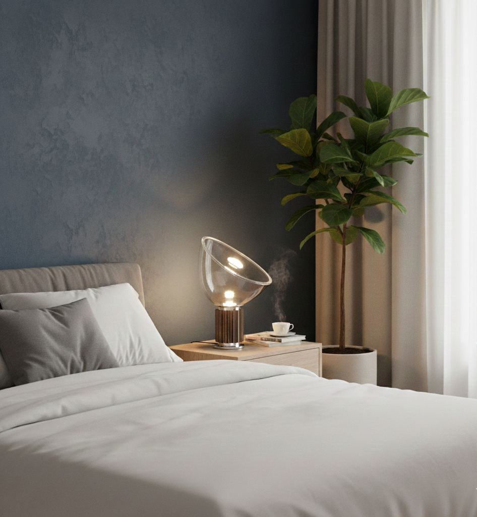 Modern circular LED lamp illuminating an open book and glasses on a nightstand.