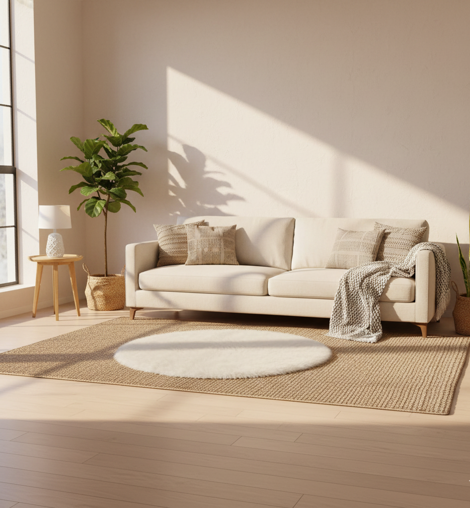 Beige sofa in a sunlit living room with plants and a rug.