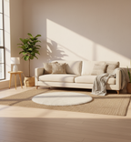 Beige sofa in a sunlit living room with plants and a rug.