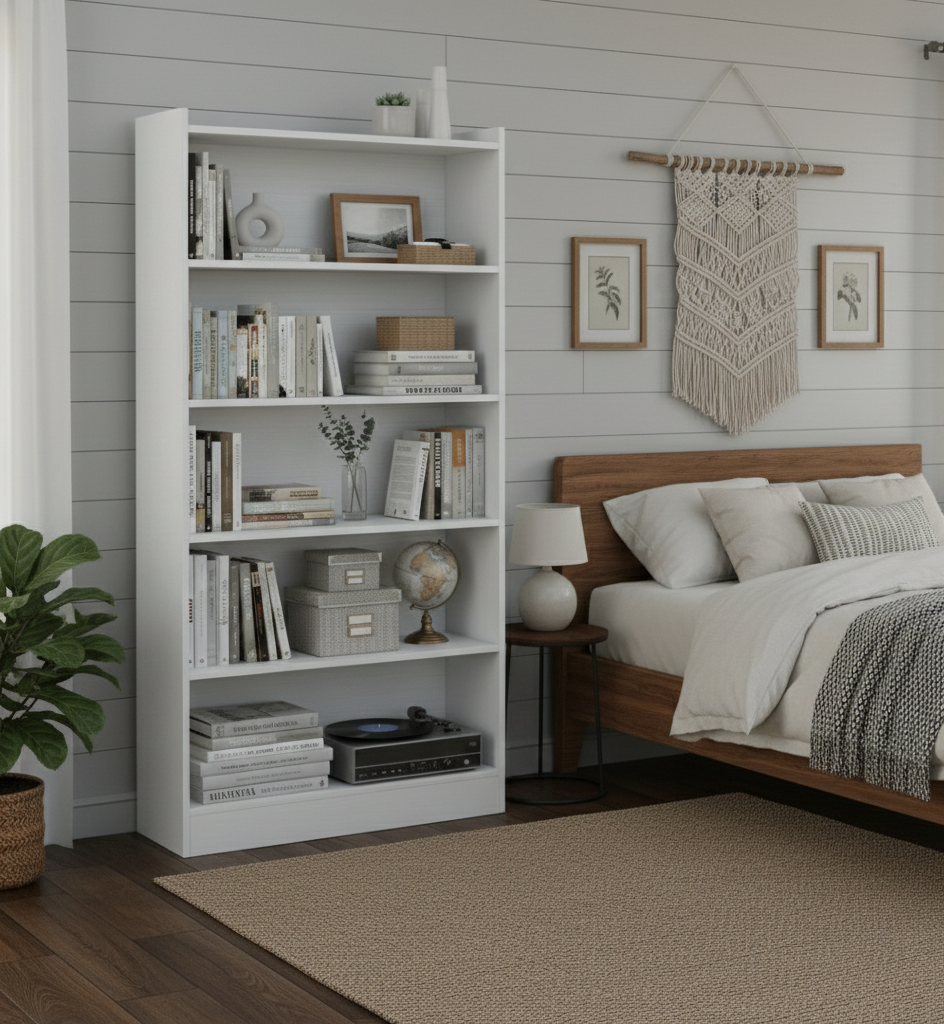 White bookshelf in a bedroom with books, decor items, and a bed.