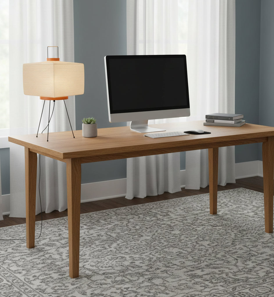 Wooden desk with computer setup in a room with curtains and rug
