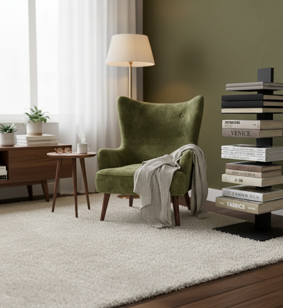 Green armchair in a living room with books and a lamp