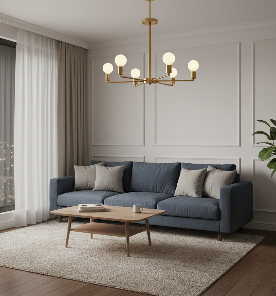 Modern living room with a blue sofa, wooden coffee table, and chandelier.