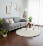 Modern living room with a gray sofa, round white rug, and wooden coffee table.