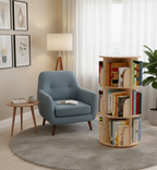 Modern living room with a blue armchair, wooden side table, and bookshelf.