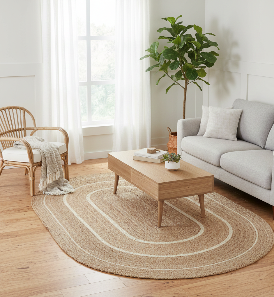 Living room with a round jute rug, wooden coffee table, and gray sofa.