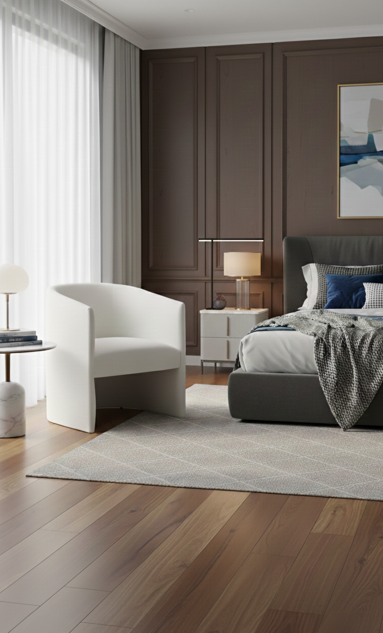 Modern bedroom with a gray sofa, white armchair, and wooden floor.