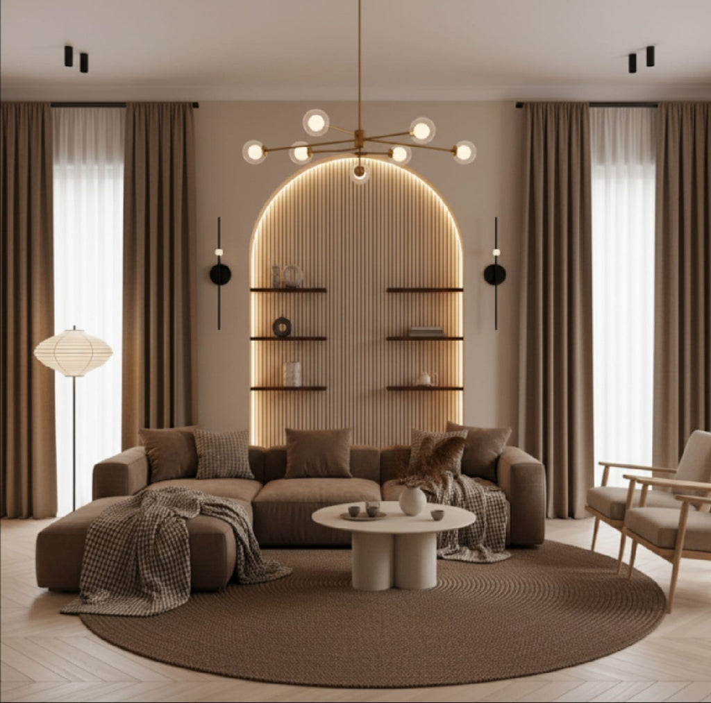 Modern living room with a brown sectional sofa, round coffee table, and decorative wall shelves.