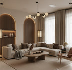 Modern living room with beige sectional sofa, coffee table, and decorative elements.