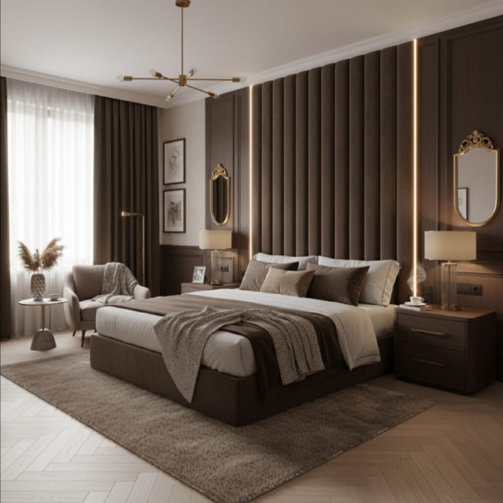 Luxurious bedroom with a large bed, side tables, and decorative elements.