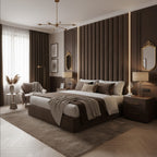 Luxurious bedroom with a large bed, side tables, and decorative elements.