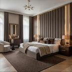 Luxurious bedroom with a large bed, side tables, and decorative elements.